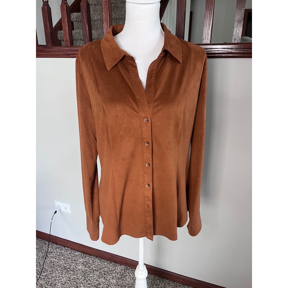 Soft Surroundings Faux Suede Button Down Shirt Cognac Brown Size L 25849